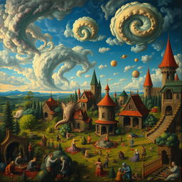 A surreal landscape inspired by Hieronymus Bosch, featuring intricate fantastical creatures, lush greenery, and dreamlike architecture