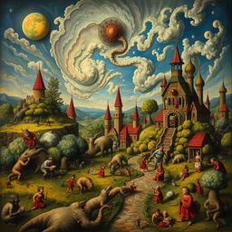 A surreal landscape inspired by Hieronymus Bosch, featuring intricate fantastical creatures, lush greenery, and dreamlike architecture
