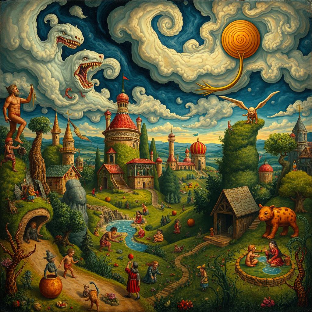 A surreal landscape inspired by Hieronymus Bosch, featuring intricate fantastical creatures, lush greenery, and dreamlike architecture
