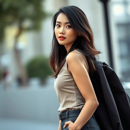 A beautiful, stylish, and confident Asian woman aged 30-35, posing elegantly for a photograph