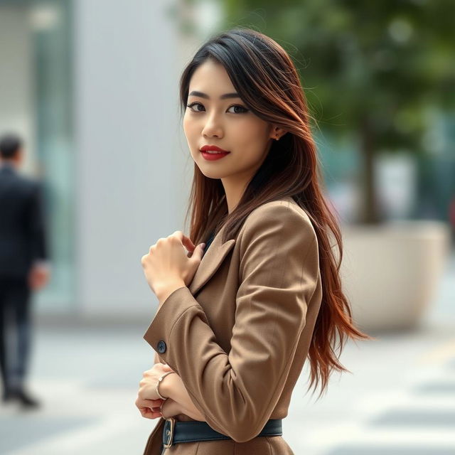 A beautiful, stylish, and confident Asian woman aged 30-35, posing elegantly for a photograph