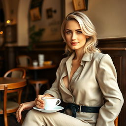 A beautiful, stylish, and confident Italian woman aged 30-35 seated elegantly at a cafe in Italy