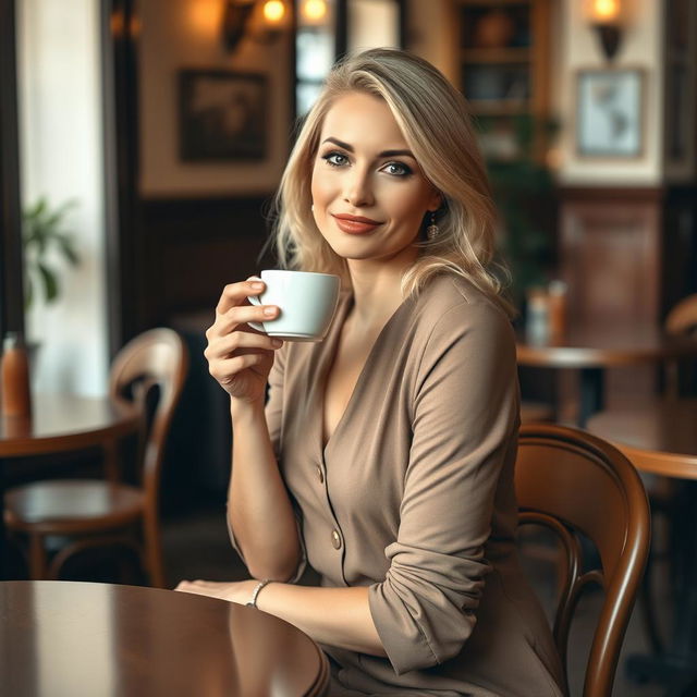 A beautiful, stylish, and confident Italian woman aged 30-35 seated elegantly at a cafe in Italy