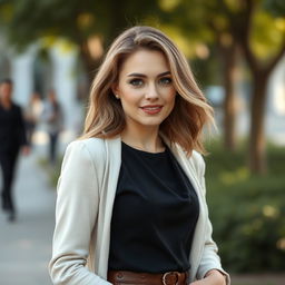 A 33-year-old woman with light hair, slightly brunette, featuring European Slavic appearance