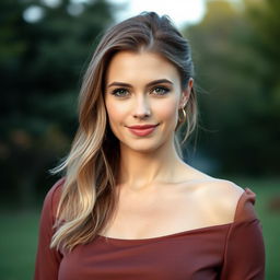 A 33-year-old woman with light hair, slightly brunette, featuring European Slavic appearance