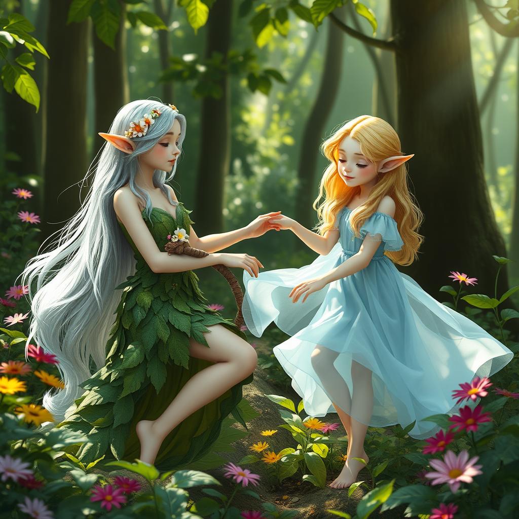 A serene forest scene featuring two barefoot female elves