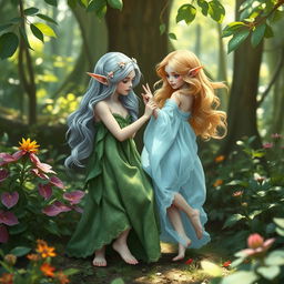 A serene forest scene featuring two barefoot female elves