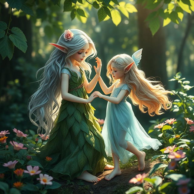 A serene forest scene featuring two barefoot female elves