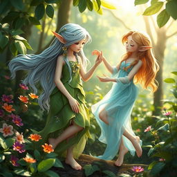 A serene forest scene featuring two barefoot female elves