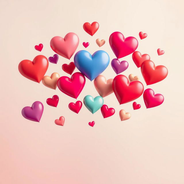 A romantic and inviting image for a dating app featuring numerous colorful hearts in a variety of sizes, floating gently against a soft, pastel gradient background