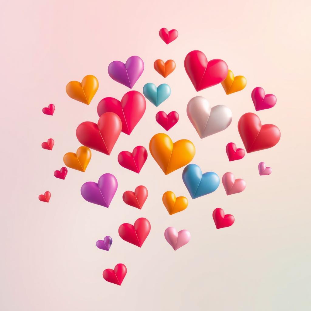 A romantic and inviting image for a dating app featuring numerous colorful hearts in a variety of sizes, floating gently against a soft, pastel gradient background