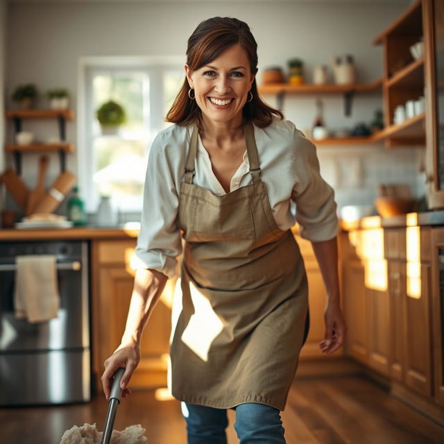 A mature woman, with an inviting smile and a sense of determination, scrubbing a wooden floor in a cozy, sunlit kitchen