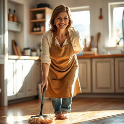 A mature woman, with an inviting smile and a sense of determination, scrubbing a wooden floor in a cozy, sunlit kitchen