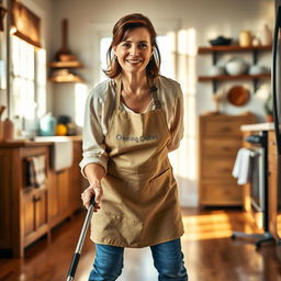 A mature woman, with an inviting smile and a sense of determination, scrubbing a wooden floor in a cozy, sunlit kitchen