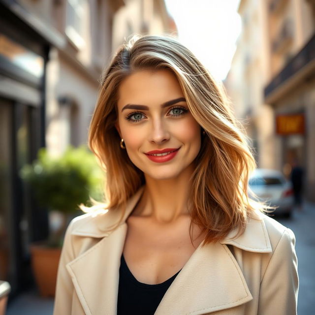 A 32-year-old woman with light hair, slightly brunette, showcasing an elegant Italian European appearance