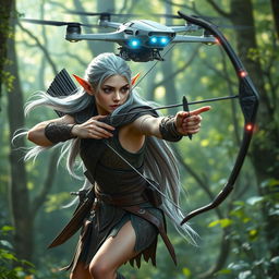 An agile elf, with pointed ears and long flowing silver hair, engaged in a dynamic battle with a futuristic drone