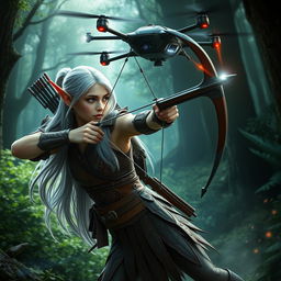 An agile elf, with pointed ears and long flowing silver hair, engaged in a dynamic battle with a futuristic drone