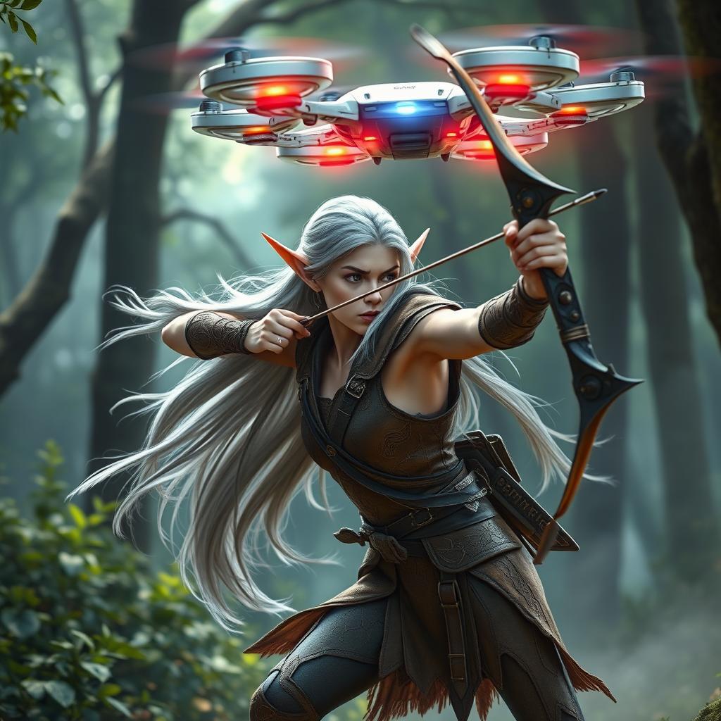 An agile elf, with pointed ears and long flowing silver hair, engaged in a dynamic battle with a futuristic drone