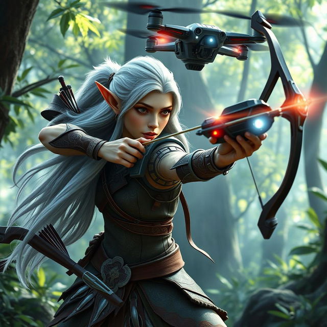 An agile elf, with pointed ears and long flowing silver hair, engaged in a dynamic battle with a futuristic drone