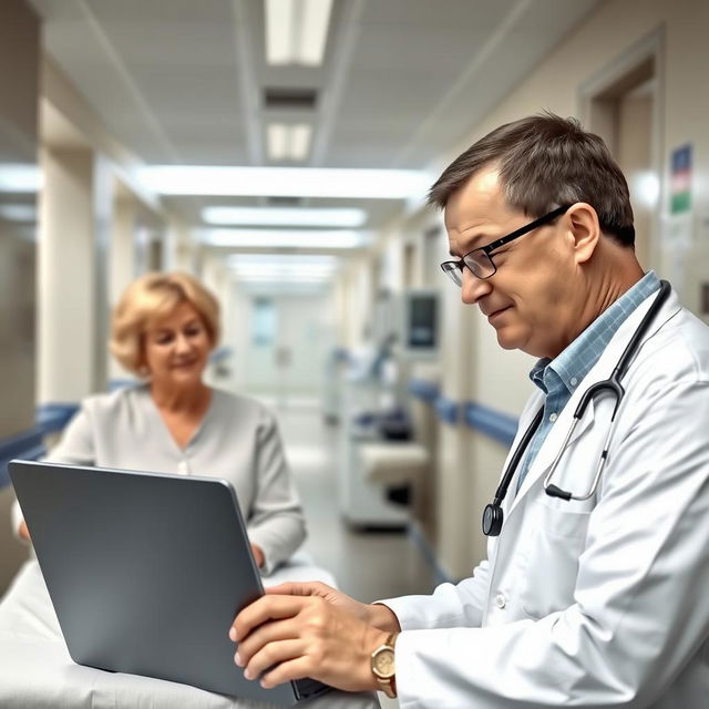 A typical Russian emigrant working as a doctor in a modern German hospital, wearing a professional white lab coat with a stethoscope around their neck