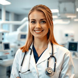 A typical Russian expat woman working as a doctor in Germany, showcasing her dedication and professionalism