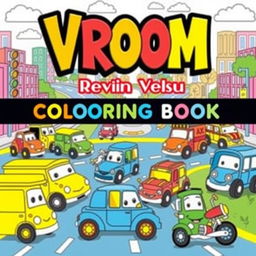 A vibrant and colorful cover for a children's coloring book titled "Vroom Vehicle Coloring Book