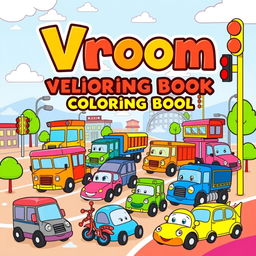 A vibrant and colorful cover for a children's coloring book titled "Vroom Vehicle Coloring Book