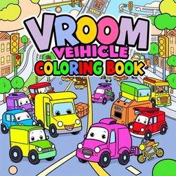 A vibrant and colorful cover for a children's coloring book titled "Vroom Vehicle Coloring Book