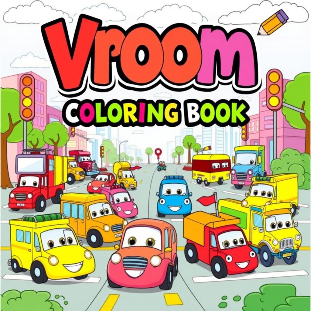 A vibrant and colorful cover for a children's coloring book titled "Vroom Vehicle Coloring Book