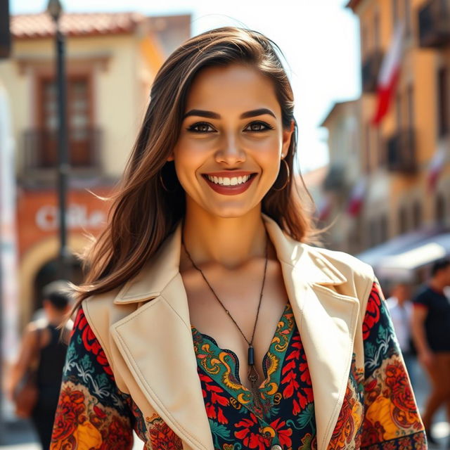 A stunning 30-year-old Chilean woman with dark brown hair and a radiant smile