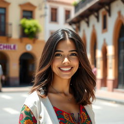 A stunning 30-year-old Chilean woman with dark brown hair and a radiant smile