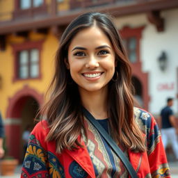 A stunning 30-year-old Chilean woman with dark brown hair and a radiant smile