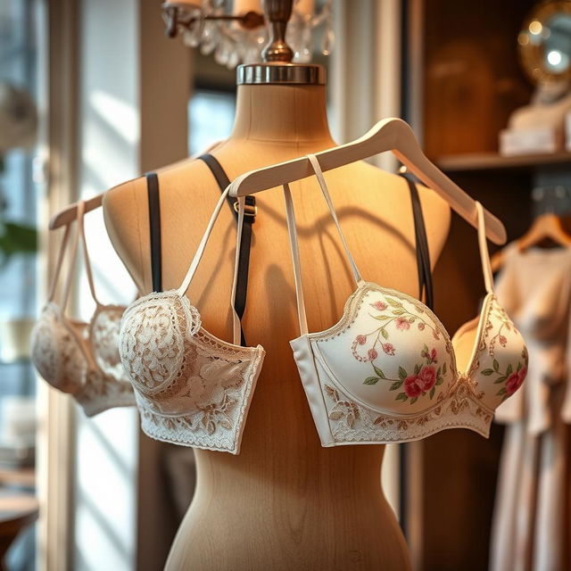 A stylish and elegant collection of different bras displayed on a finely detailed wooden mannequin