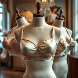 A stylish and elegant collection of different bras displayed on a finely detailed wooden mannequin
