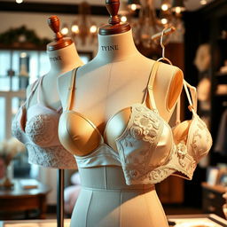 A stylish and elegant collection of different bras displayed on a finely detailed wooden mannequin