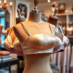 A stylish and elegant collection of different bras displayed on a finely detailed wooden mannequin