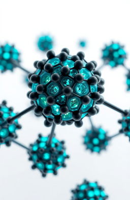 A collection of spherical carbon nanoparticles forming a crystalline network, featuring a combined structure of multiple graphene layers, amorphous structures, and graphite fragments