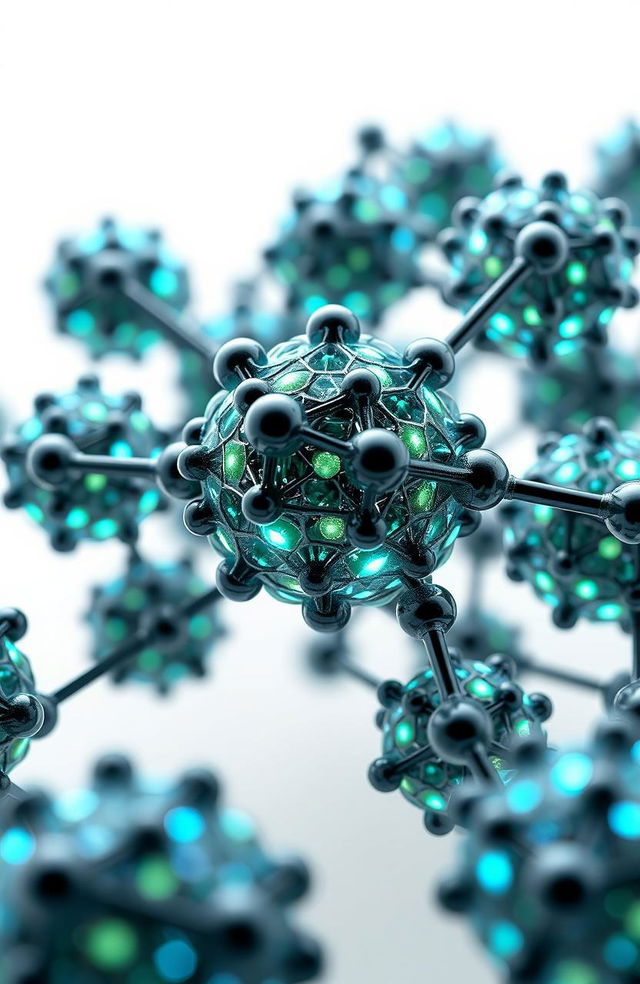 A collection of spherical carbon nanoparticles forming a crystalline network, featuring a combined structure of multiple graphene layers, amorphous structures, and graphite fragments