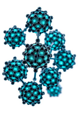 A collection of spherical carbon nanoparticles forming a crystalline network, featuring a combined structure of multiple graphene layers, amorphous structures, and graphite fragments
