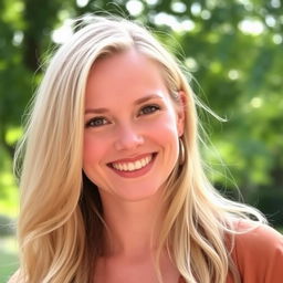 A 30-year-old woman with fair skin and blonde hair, elegantly styled