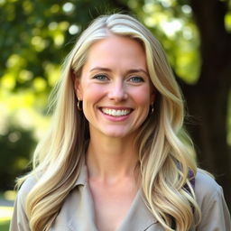 A 30-year-old woman with fair skin and blonde hair, elegantly styled