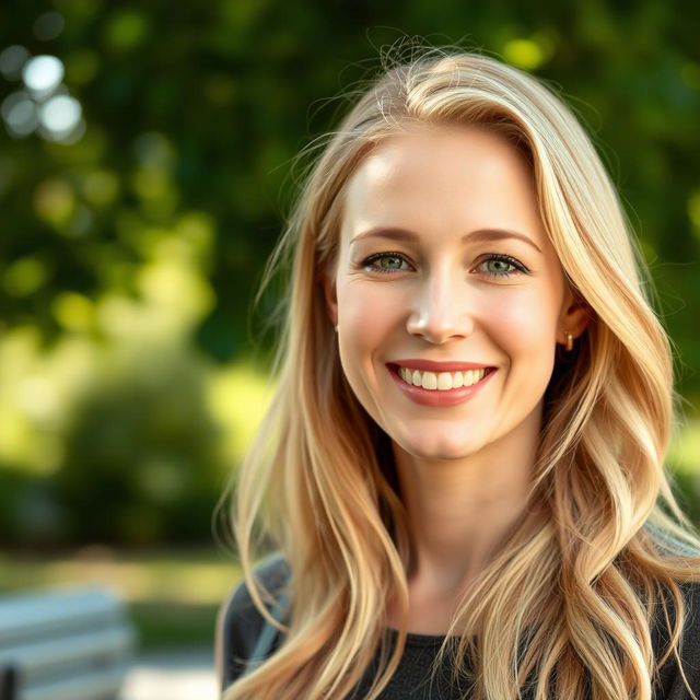 A 30-year-old woman with fair skin and blonde hair, elegantly styled