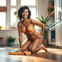 A confident mature woman in a vibrant bikini, kneeling on all fours while scrubbing a wooden floor in a bright and airy kitchen