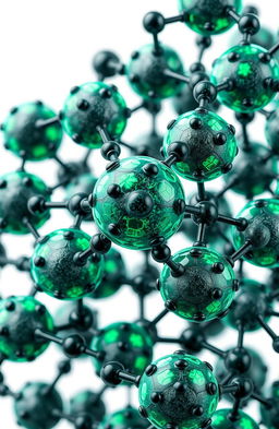 A composition of multiple spherical carbon nanoparticles forming a crystalline network, featuring a combination of several layers of graphene, amorphous structures, and fragments of graphite