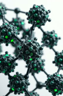 A composition of multiple spherical carbon nanoparticles forming a crystalline network, featuring a combination of several layers of graphene, amorphous structures, and fragments of graphite