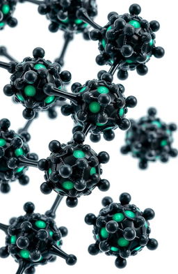 A composition of multiple spherical carbon nanoparticles forming a crystalline network, featuring a combination of several layers of graphene, amorphous structures, and fragments of graphite