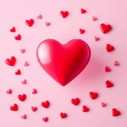 A captivating image for a dating app featuring a large, vibrant heart at the center, surrounded by subtle, scattered smaller hearts in various shades of red and pink
