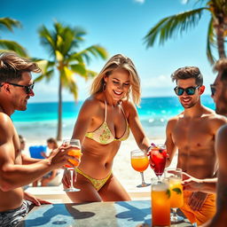 A confident mature woman in a stylish bikini, gracefully serving drinks to a group of young men at a beachside setting