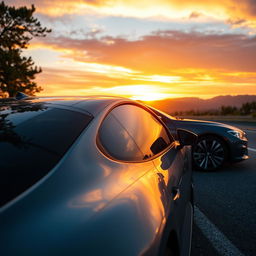 A sleek, modern car in a beautiful gray color, parked under a vibrant sunset that casts warm tones on the vehicle