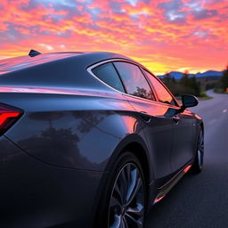 A sleek, modern car in a beautiful gray color, parked under a vibrant sunset that casts warm tones on the vehicle